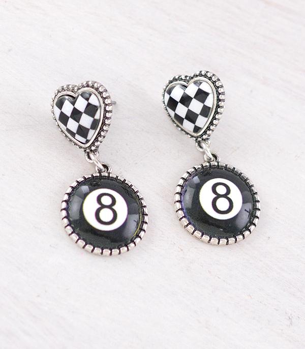 New Arrival :: Wholesale Western Eight Ball Heart Earrings