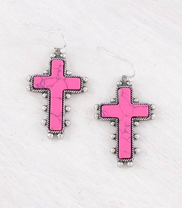 New Arrival :: Wholesale Western Pink Stone Cross Earrings