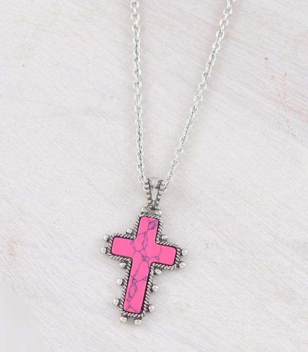 NECKLACES :: CHAIN WITH PENDANT :: Wholesale Western Fuchsia Stone Cross Necklace