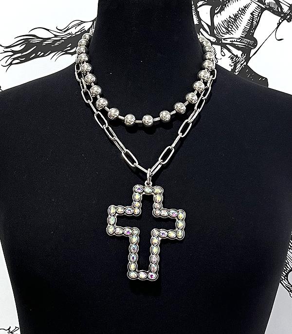 NECKLACES :: WESTERN TREND :: Wholesale Western AB STone Cross Layered Necklace