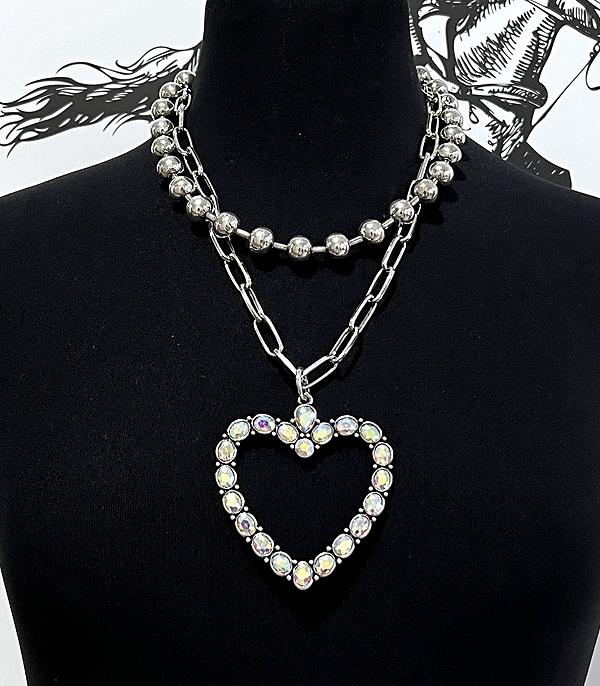 New Arrival :: Wholesale Western AB Stone Heart Layered Necklace