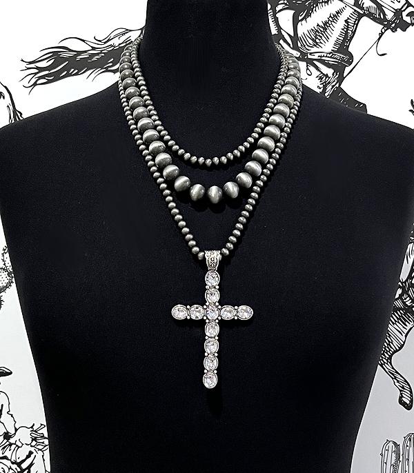 NECKLACES :: WESTERN TREND :: Wholesale Cross Navajo Pearl Layered Necklace