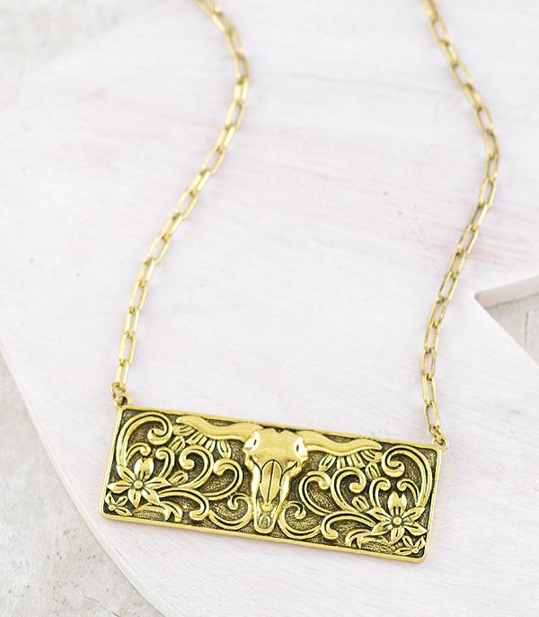 New Arrival :: Wholesale Western Cow Skull Tooling Bar Necklace