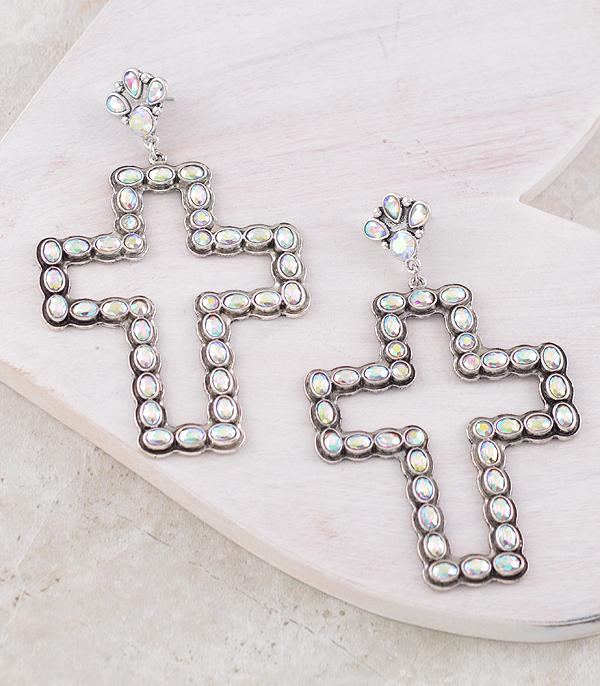 New Arrival :: Wholesale AB Glass Stone Large Cross Earrings