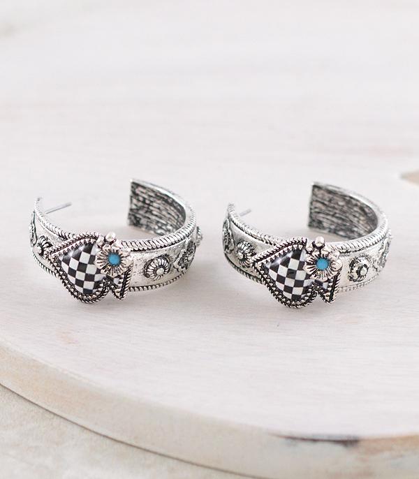 EARRINGS :: HOOP EARRINGS :: Wholesale Western Checkered Spade Hoop Earrings