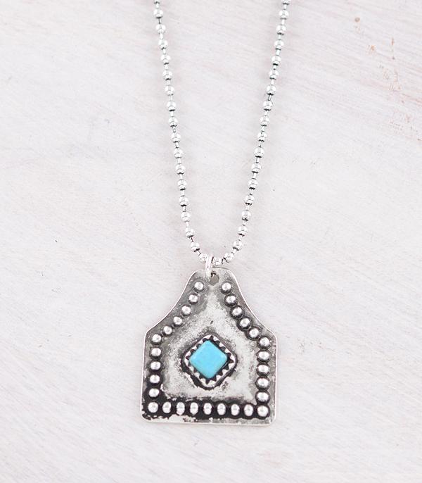 NECKLACES :: CHAIN WITH PENDANT :: Wholesale Western Turquoise Cattle Tag Necklace