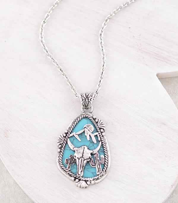 NECKLACES :: CHAIN WITH PENDANT :: Wholesale Western Cow Skull Stone Necklace