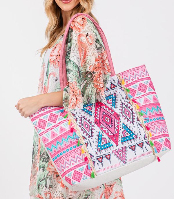 New Arrival :: Wholesale Aztec Boho Print Fringe Tote