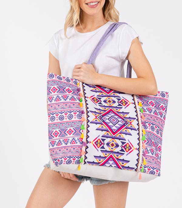 HANDBAGS :: FASHION :: Wholesale Aztec Boho Print Fringe Tote