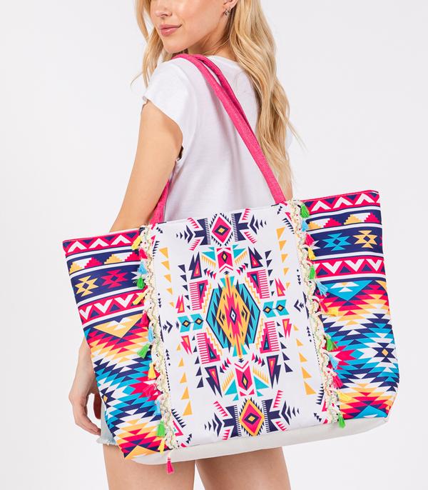 HANDBAGS :: FASHION :: Wholesale Aztec Boho Print Fringe Tote