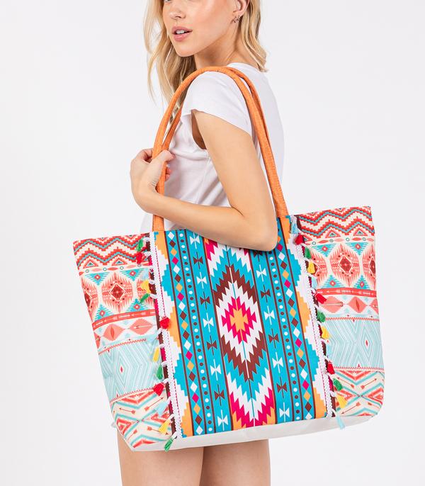 HANDBAGS :: FASHION :: Wholesale Aztec Boho Print Fringe Tote