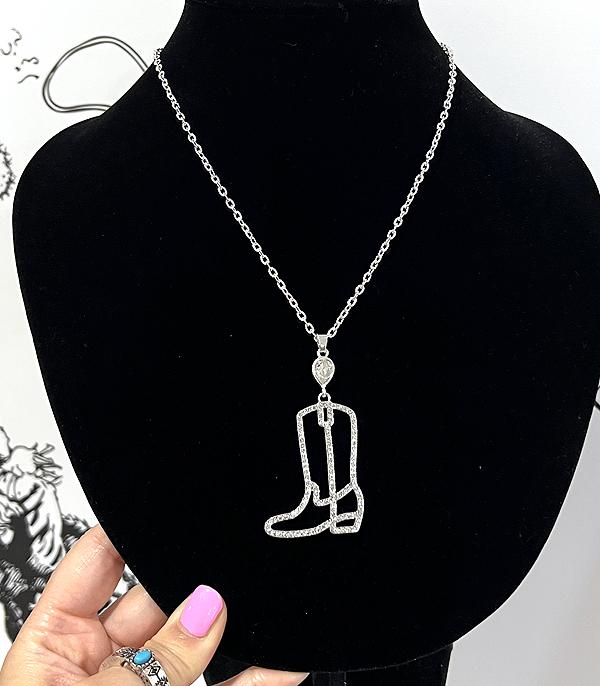 NECKLACES :: CHAIN WITH PENDANT :: Wholesale Rhinestone Cowboy Boot Necklace