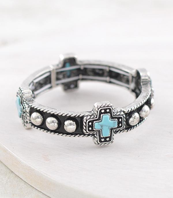 BRACELETS :: STRETCH :: Wholesale Western Turquoise Cross Bracelet