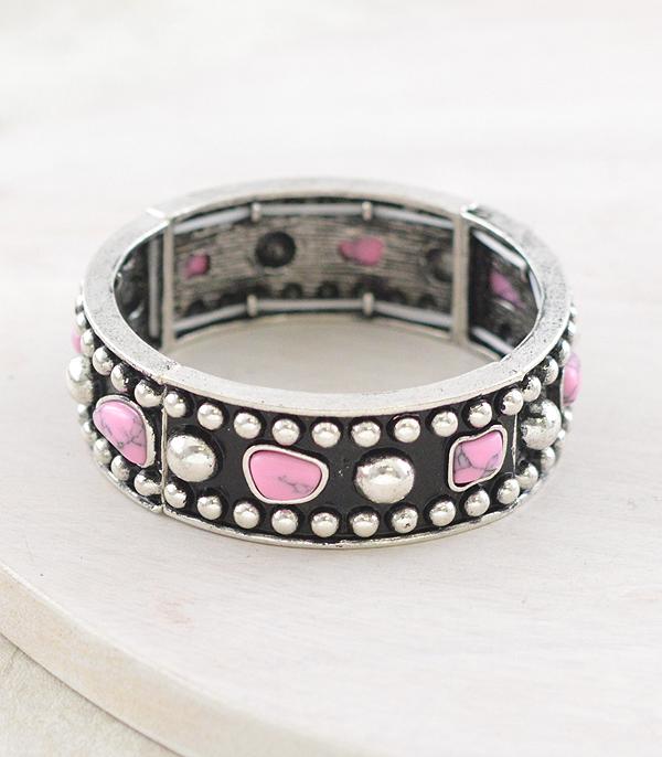 BRACELETS :: STRETCH :: Wholesale Western Pink Stone Concho Bracelet